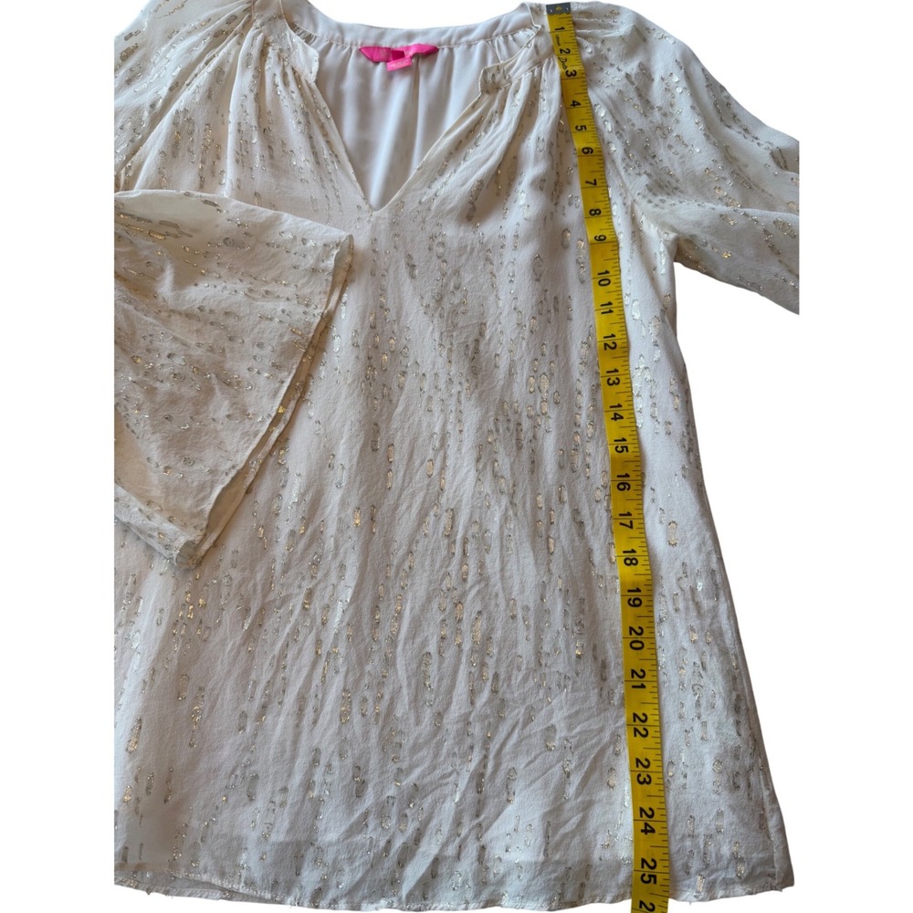 Lilly Pulitzer Silk Gold Metallic Fil Coupe Bell Sleeve Blouse White Small - Picture 2 of 8